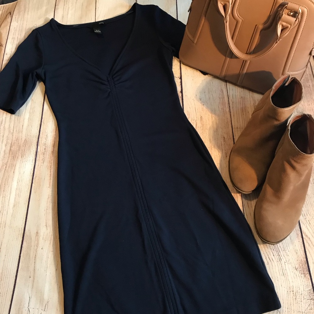H & M Stretchy V Neck Navy Dress Small